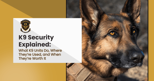 German Shepherd dog with K9 security sign