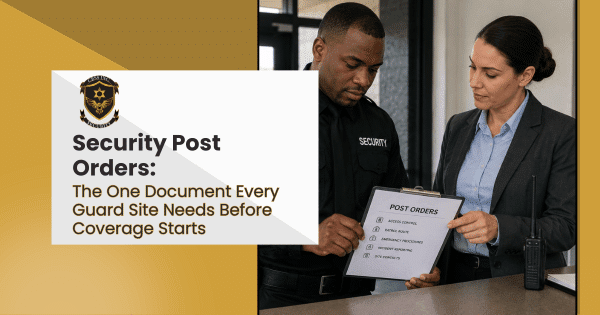Man and woman reviewing security post order document